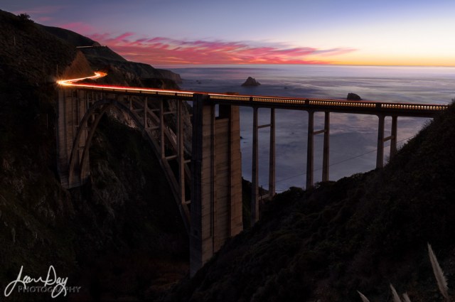 The famous Bixby Bridge in Big Sur plays host to this stretch of Hwy. 1 on the Central Coast of California.  If you've never been, it's worth your while to take a nice, long, leisurely drive from San Francisco down to Santa Barbara.  You'll see some of the prettiest and dramatic coastline with small, rural towns along the way.  Go in the winter and spring months when everything is green, wildflowers are blooming and you are less likely to encounter fog.